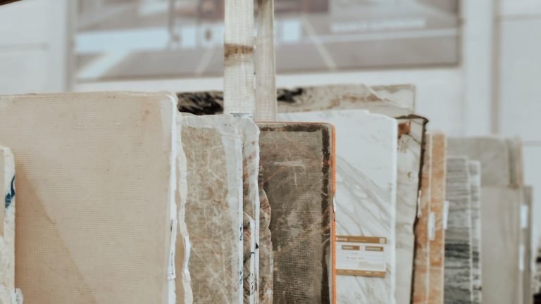 Natural stone slabs in export warehouse